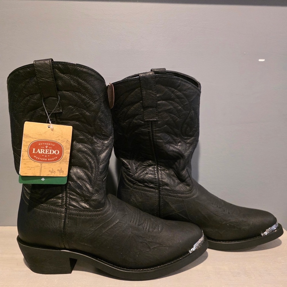 Laredo Western Boots Men 9.5 D Black New Pig Trucker 68610 Silver Toe Tip